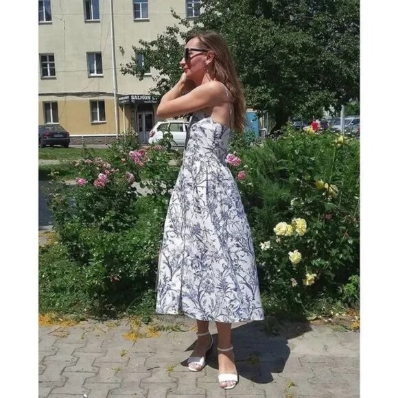 H&M Linen Blend Midi Dress Blue Cream Print - Picture 3 of 10